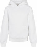 The BY185 from Build Your Brand is a plain white hoodie featuring long sleeves and a front kangaroo pocket. It boasts a simple, casual design with ribbed waistband and cuffs.