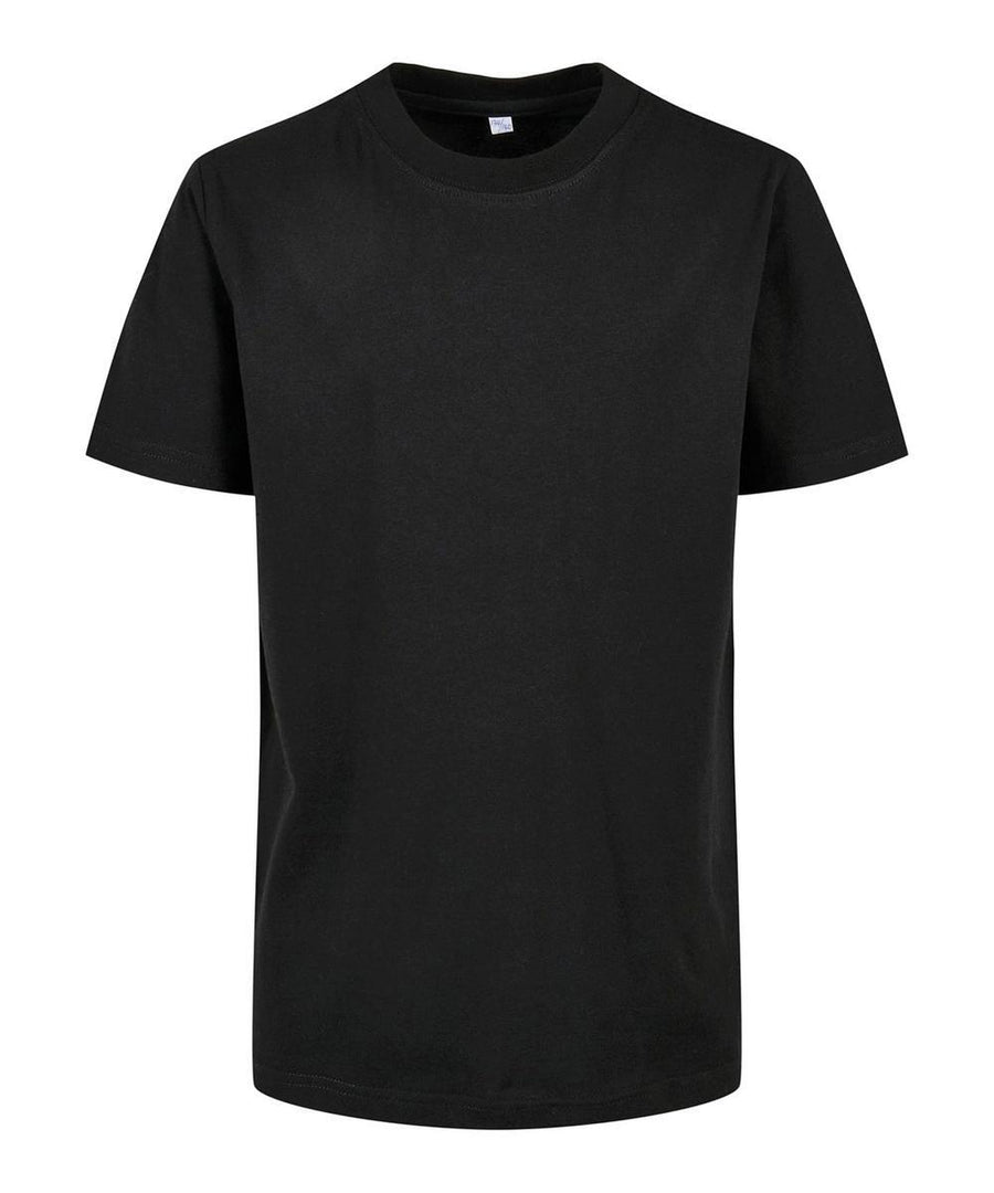The Organic kids basic tee by Build Your Brand is a plain black short-sleeve crew neck T-shirt shown on a white background, featuring no visible logos, patterns, or designs.