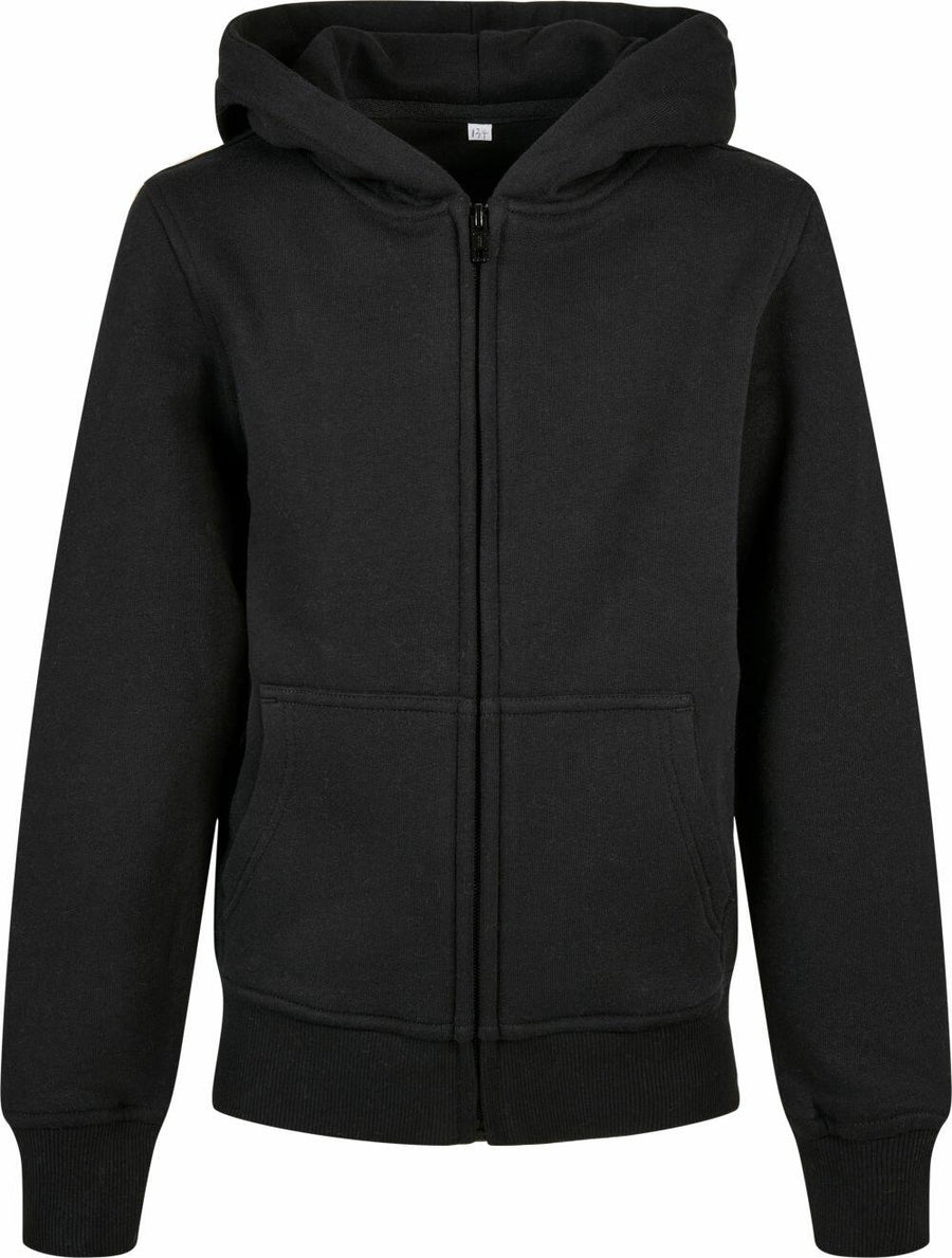 The BY188 from Build Your Brand is a black zip-up hoodie featuring a hood and front pockets.