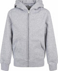 Build Your Brand's BY188 gray zip-up hoodie features a front pocket and a hood.