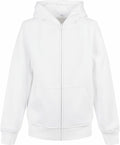 A plain white zip-up hoodie featuring a hood and front pockets, branded as BY188 by Build Your Brand, is displayed against a white background.