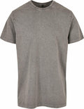 A plain, faded gray T-shirt from Build Your Brand, product name BY190, features a round neckline and short sleeves.