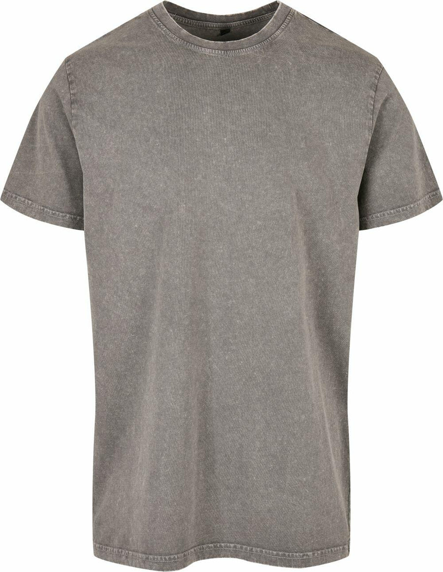 A plain, faded gray T-shirt from Build Your Brand, product name BY190, features a round neckline and short sleeves.