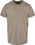 Displayed on a white background, the BY190 by Build Your Brand is a plain, faded olive green T-shirt featuring short sleeves and a crew neckline, giving it a worn, vintage look.