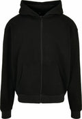 The BY192 by Build Your Brand is a plain black zip-up hooded sweatshirt featuring two front pockets, showcased against a white background.