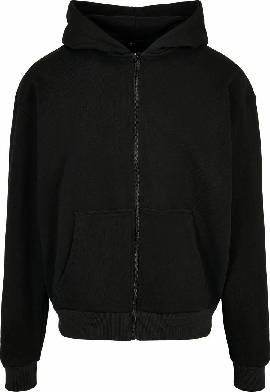 The BY192 by Build Your Brand is a plain black zip-up hooded sweatshirt featuring two front pockets, showcased against a white background.