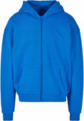 The BY192 by Build Your Brand is a vibrant blue zip-up hoodie featuring a front pocket and hood.