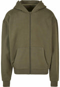 The BY192 by Build Your Brand is a khaki green hoodie featuring a front zipper, two pockets, and a relaxed fit. It offers a simple design with a hood and long sleeves.