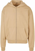 A plain beige zip-up hoodie from Build Your Brand, model BY192, with a front pocket and ribbed cuffs, presented on a white background. The hoodie also includes a hood.