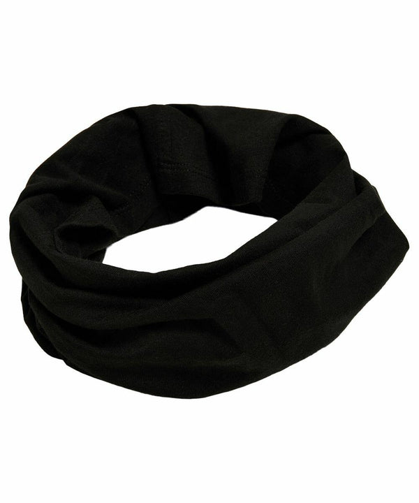 A black fabric BY200 neck gaiter by Build Your Brand, folded into a loop.