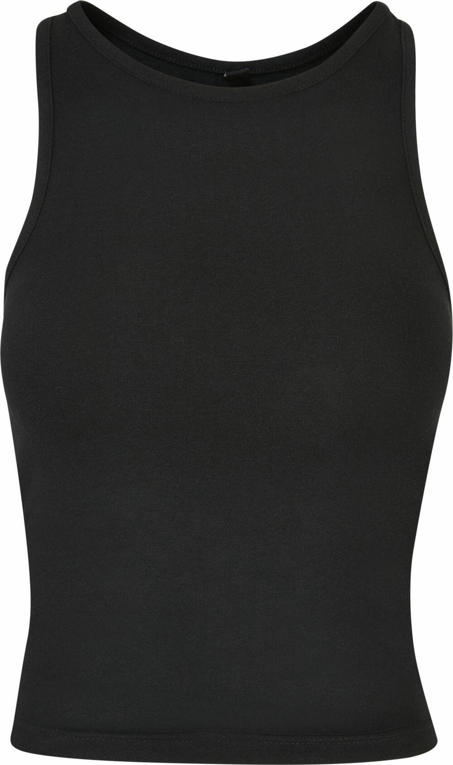 BY208 by Build Your Brand, a black sleeveless tank top featuring a high neckline, shown against a white background.
