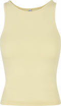A Build Your Brand BY208, sleeveless light yellow tank top with a round neckline, displayed against a plain white background.