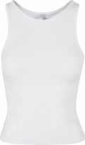 The BY208 by Build Your Brand is a plain white tank top featuring a sleeveless design and a crew neckline. Its smooth, fitted fabric makes it ideal for both casual and athletic wear, with a simple background enhancing its minimalist style.