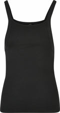 The BY209 by Build Your Brand is a front-view black tank top featuring thin shoulder straps and a sleeveless design.