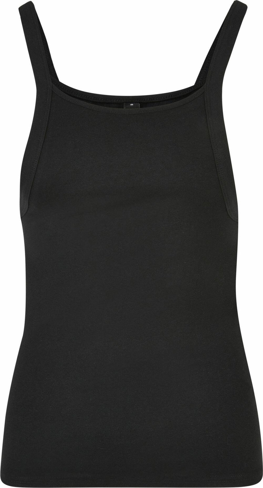 The BY209 by Build Your Brand is a front-view black tank top featuring thin shoulder straps and a sleeveless design.