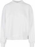 The BY212 sweatshirt by Build Your Brand is a plain white crewneck with long sleeves, showcased against a white background. It features a ribbed neckline, cuffs, and hem, presenting a simple and classic design.