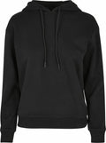 BY213 by Build Your Brand, a black hoodie featuring a front pocket and drawstring hood, showcased on a plain background.