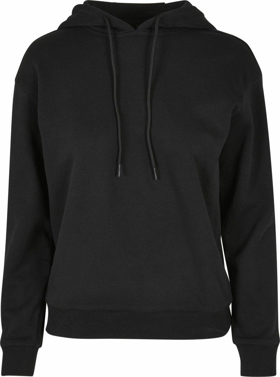 BY213 by Build Your Brand, a black hoodie featuring a front pocket and drawstring hood, showcased on a plain background.