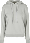 Product BY213 by Build Your Brand, features a light gray hoodie design with a drawstring and ribbed cuffs, showcased facing forward.