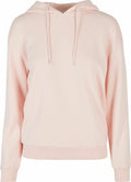 The BY213 by Build Your Brand is a light pink hoodie featuring a drawstring hood and long sleeves. It is crafted from soft fabric with ribbed hem and cuffs, showcased against a plain white background.