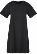 The product is a BY214 short-sleeve T-shirt dress from Build Your Brand, featuring a plain black design on a white background.
