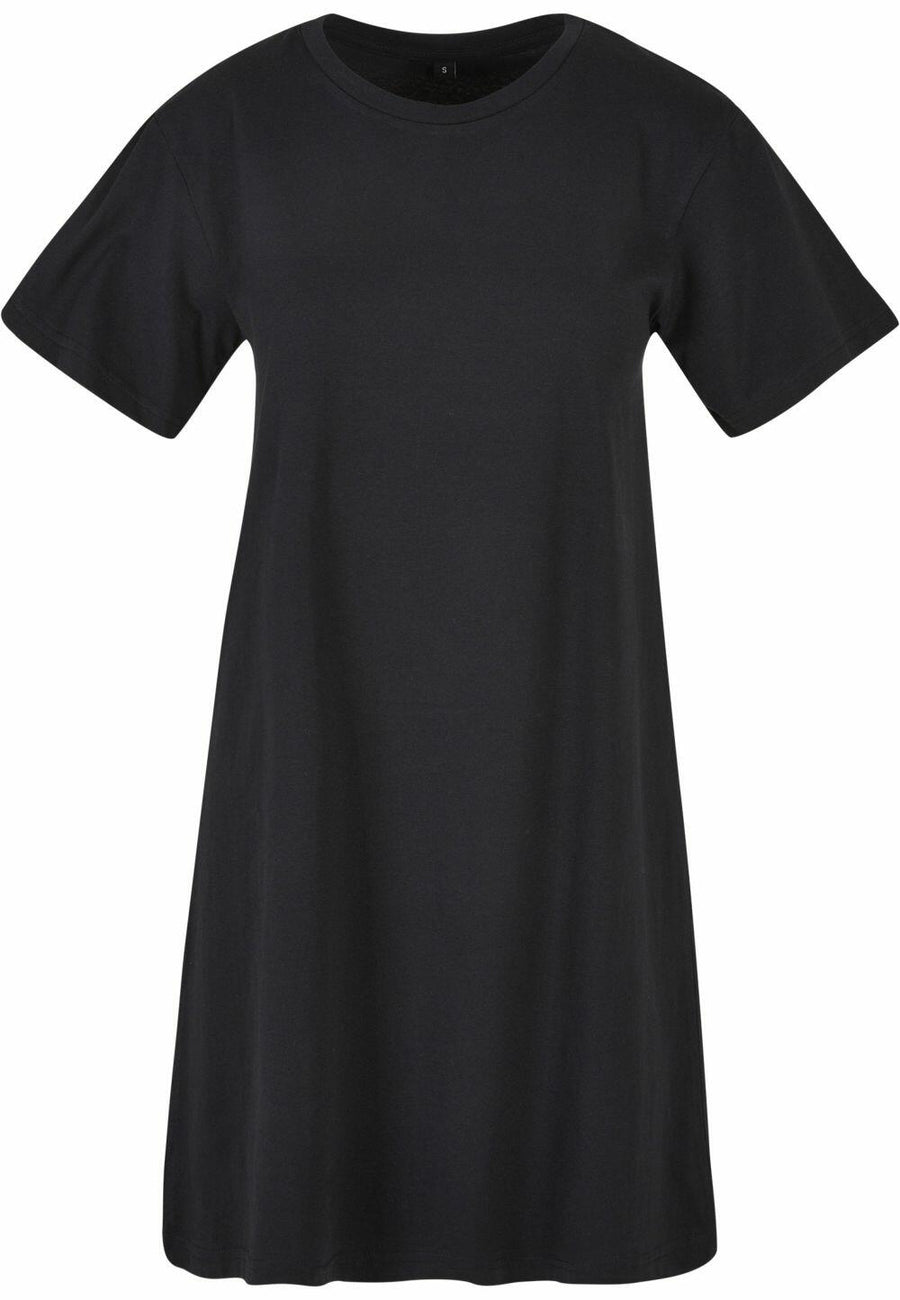 The product is a BY214 short-sleeve T-shirt dress from Build Your Brand, featuring a plain black design on a white background.