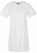The BY214 dress from Build Your Brand is showcased against a white background. This knee-length T-shirt dress features short sleeves, a round neckline, and is made from plain fabric with a loose and casual fit in white.