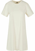 A cream-colored t-shirt dress with short sleeves, featuring the BY214 design by Build Your Brand, shown on a white background.