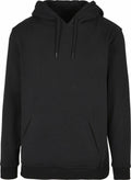 The BY215, a plain black hoodie by Build Your Brand featuring a front pocket and drawstring hood, is displayed against a white background.