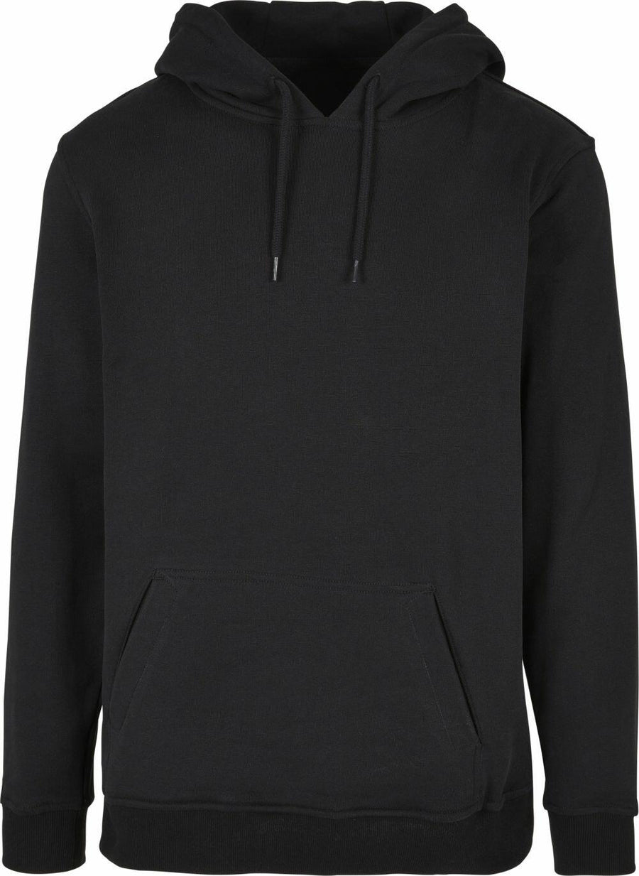 The BY215, a plain black hoodie by Build Your Brand featuring a front pocket and drawstring hood, is displayed against a white background.