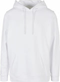 A plain white BY215 hoodie from Build Your Brand features a front pocket and drawstrings. Displayed against a white background, it highlights its simple and casual design.