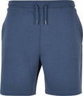 BY251 by Build Your Brand: knee-length blue shorts featuring an elastic waistband and adjustable drawstring.