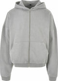 The BY254 by Build Your Brand, a gray zip-up hoodie featuring front pockets and a hood, is displayed against a white background.