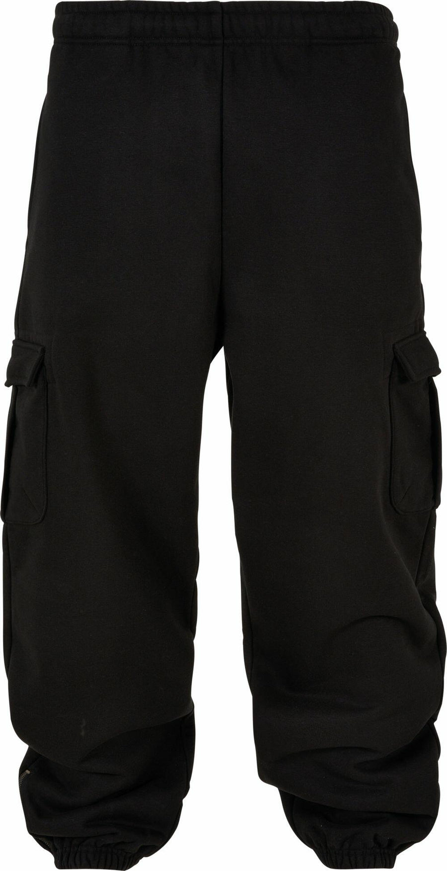 Front-facing view of the BY258 black cargo pants by Build Your Brand, featuring elastic cuffs and side pockets.