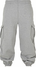 The BY258 cargo pants by Build Your Brand feature gray fabric, elastic cuffs, and side pockets.