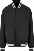 Build Your Brand's BY259 features a black varsity jacket design, complete with white stripes on the collar, cuffs, and hem, and a stylish button-up front.