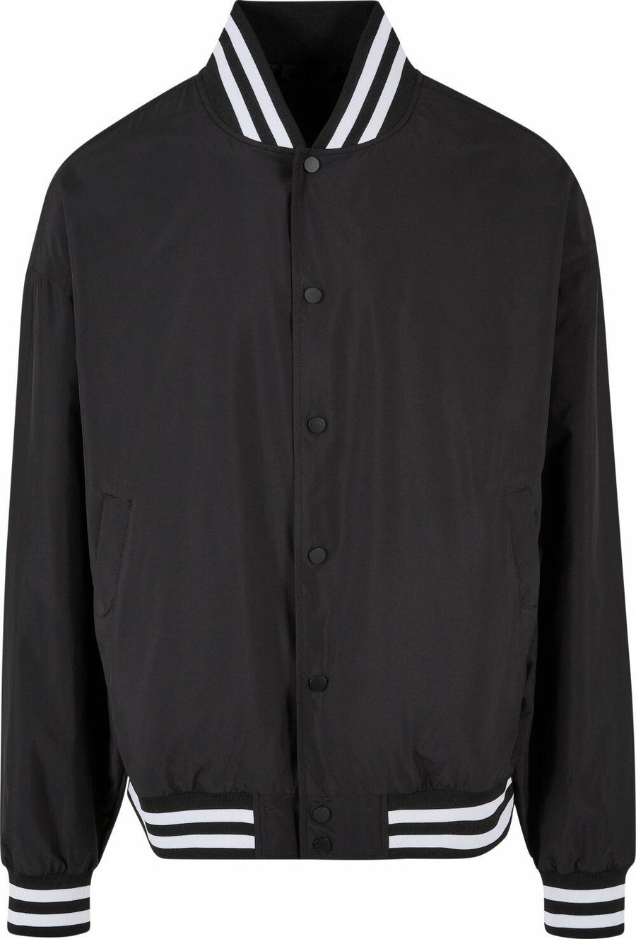 Build Your Brand's BY259 features a black varsity jacket design, complete with white stripes on the collar, cuffs, and hem, and a stylish button-up front.
