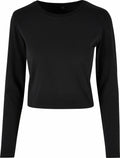 BY261 by Build Your Brand, a black long-sleeve crop top featuring a round neckline, is displayed against a plain white background.