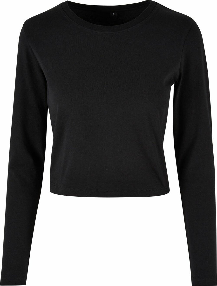 BY261 by Build Your Brand, a black long-sleeve crop top featuring a round neckline, is displayed against a plain white background.