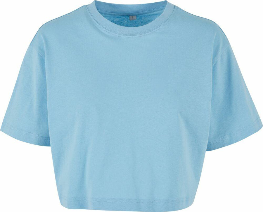 A Build Your Brand BY264 cropped, short-sleeve T-shirt in light blue set against a white background.