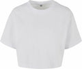 The Build Your Brand BY264 is a plain white short-sleeve crop top displayed against a white background. It features a round neckline and offers a simple, minimalistic design.