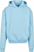 BY268 by Build Your Brand is a light blue hooded sweatshirt featuring long sleeves and a front pocket.