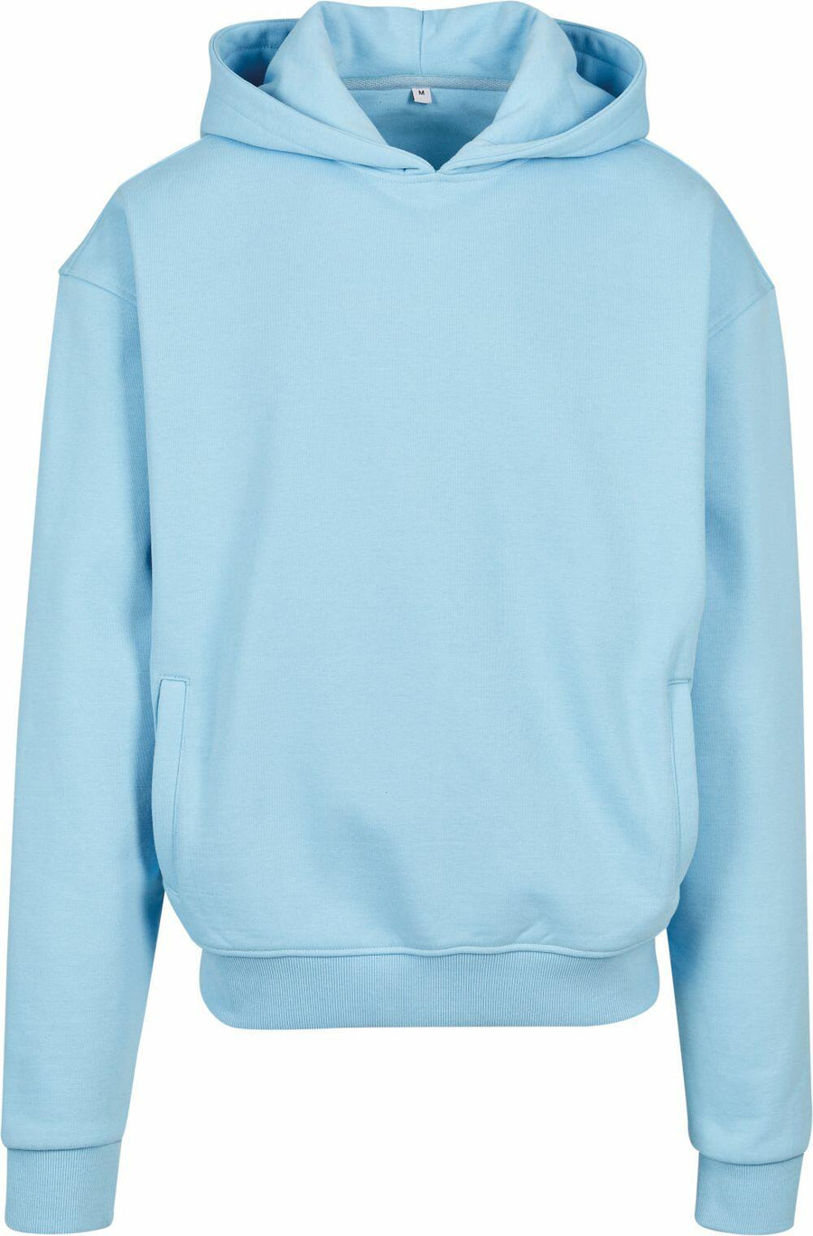 BY268 by Build Your Brand is a light blue hooded sweatshirt featuring long sleeves and a front pocket.