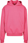 Introducing the BY268 by Build Your Brand: a vibrant pink hoodie featuring a convenient front pocket and drawstring hood. Displayed against a plain background, it exhibits a soft and casual fabric, ideal for everyday wear.