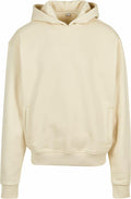 The BY268 hoodie by Build Your Brand is showcased on a plain background, featuring a beige or off-white color. It includes long sleeves, a front pocket, and embodies a simple and classic design.