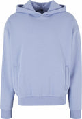 The BY268, a light blue hooded sweatshirt from Build Your Brand, features a front pocket and ribbed cuffs and hem. It is displayed against a plain white background.