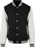 Introducing the BY269 jacket by Build Your Brand, a stylish black varsity design with white sleeves and buttons, complemented by striped cuffs and hem.