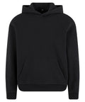 A black hooded sweatshirt with long sleeves, a front kangaroo pocket, and ribbed cuffs and hem is displayed against a white background.