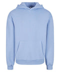 A hoodie sweatshirt in light blue, featuring a hood, front kangaroo pocket, long sleeves, and ribbed cuffs and hem, shown on a white background.