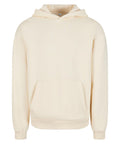 The Hoodies product is shown in cream, featuring a front pouch pocket, drawstring hood, long sleeves, and ribbed cuffs and hem against a white background.